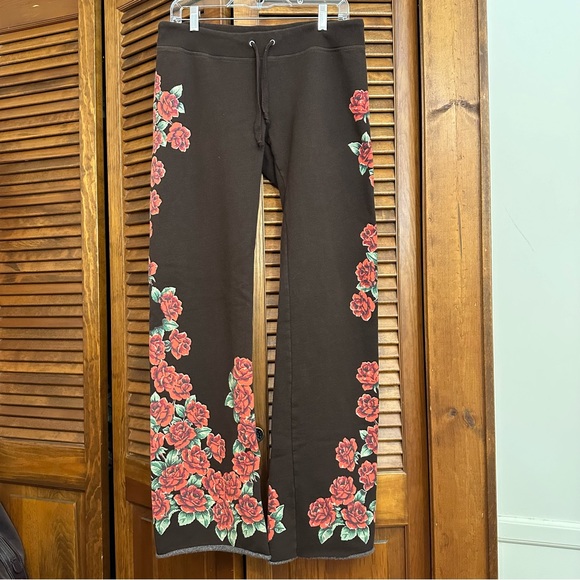Lucky Brand Pants - EUC Vintage Lucky Brand wide-leg sweatpants, chocolate brown/rose floral M